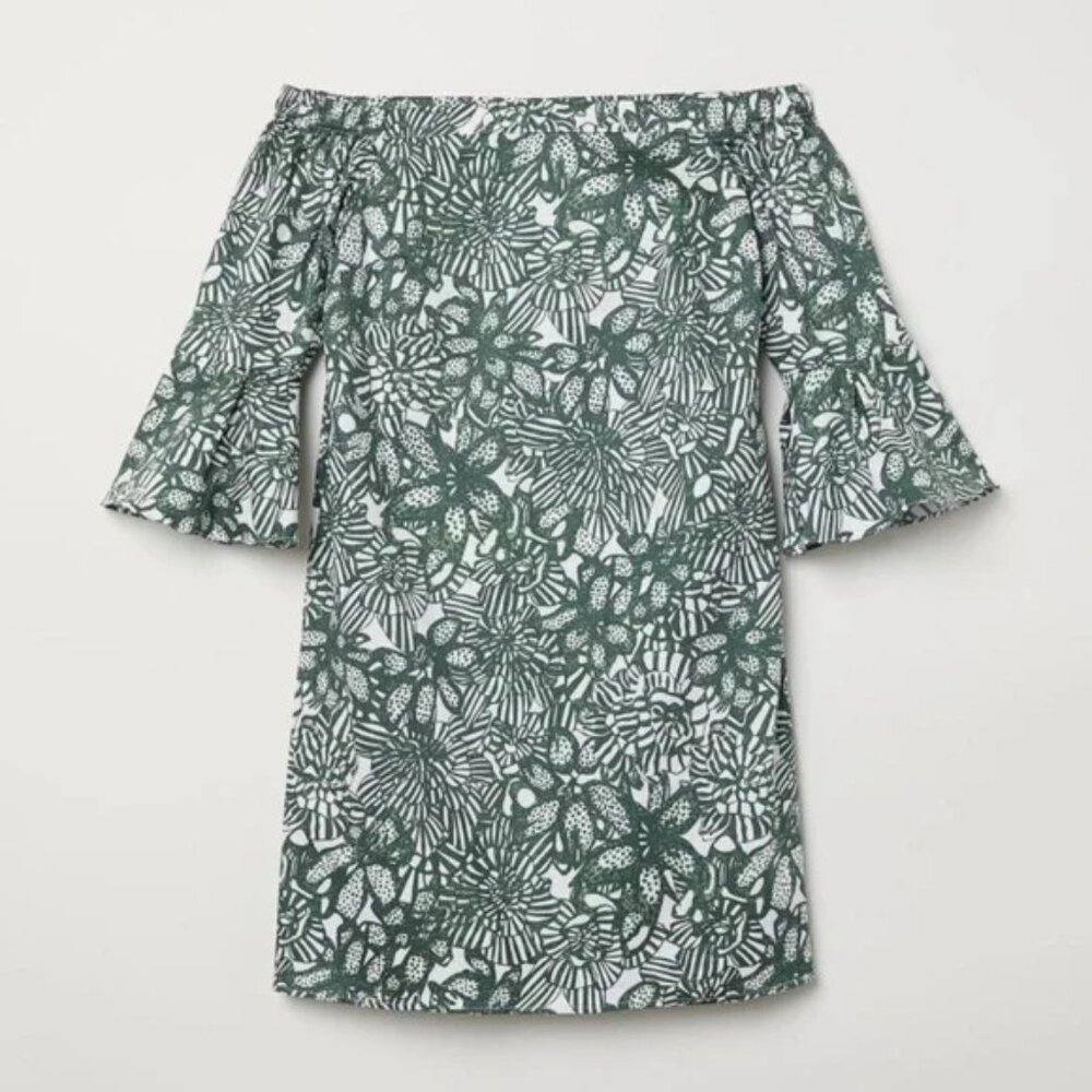 H&M Off-Shoulder Leaf Print Dress in Green and White